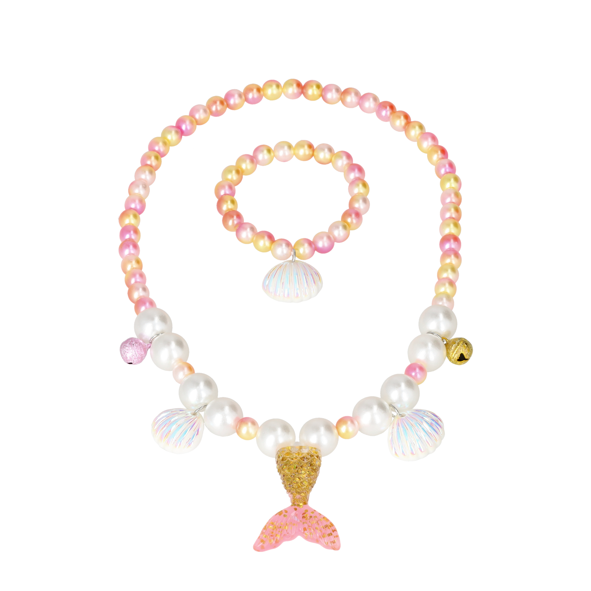 (2-tlg. Set) Kinder Perlen Armband Schmuck Muschel Halskette im Meerjungfrau Design - Gelb / Orange / Pink