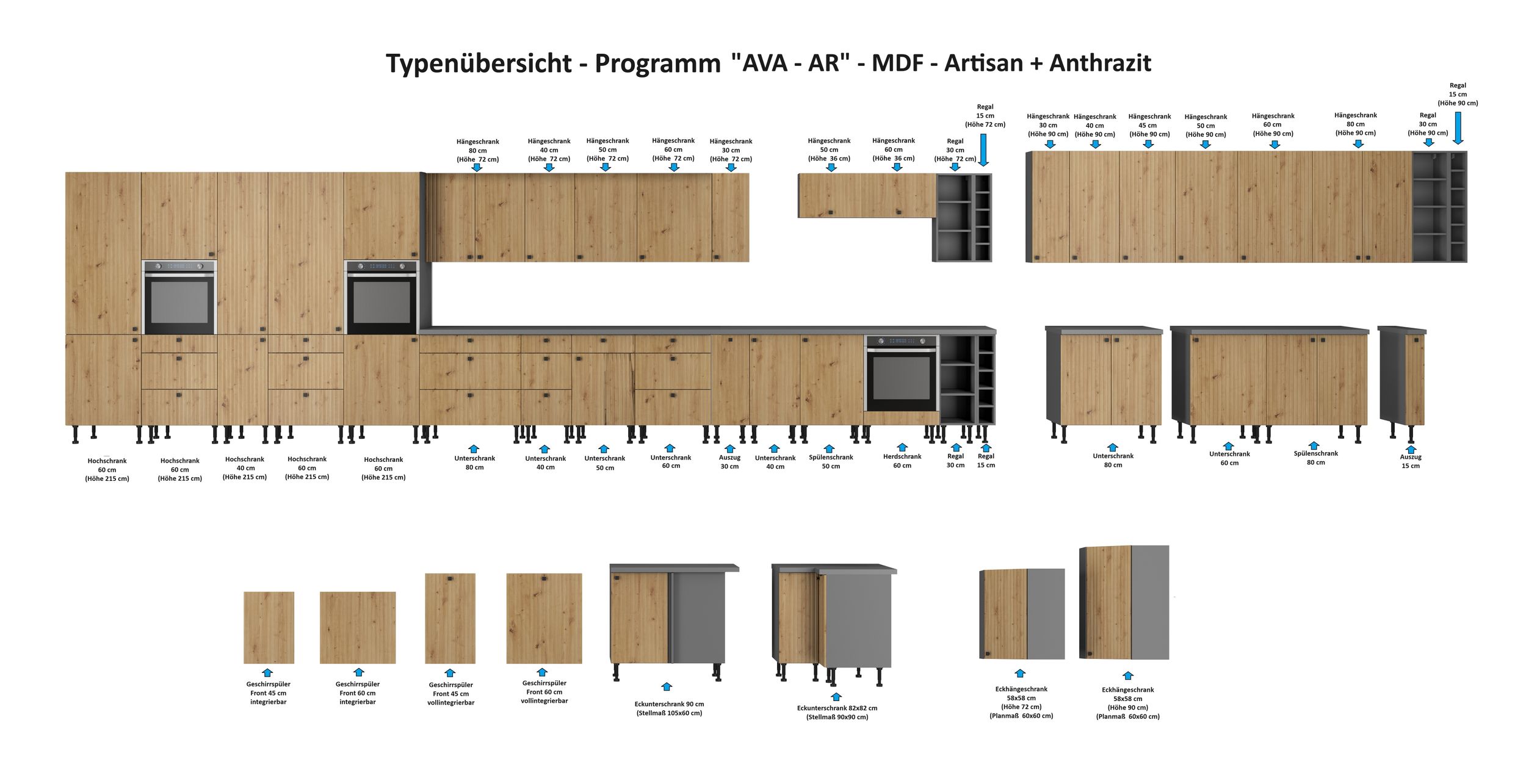 Küche NESSA & AVA Basic 240 cm Anthrazit Eiche Artisan Küchenzeile Küchenblock
