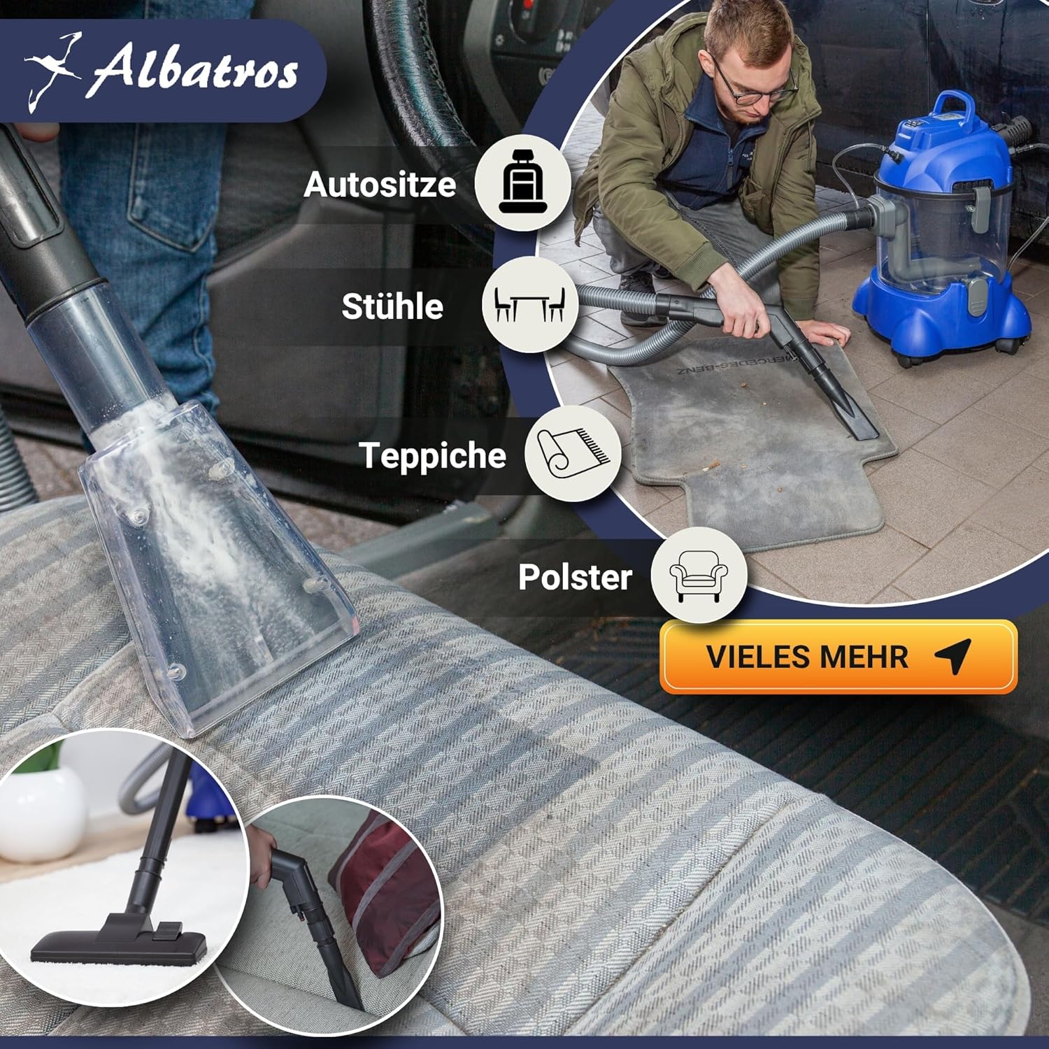 ALBATROS Hydro 7500 Waschsauger + 2L Reiniger – XXL Polsterreiniger Teppichreiniger Nasssauger – 1200 Watt, 20l Volumen, 22 kPa Saugleistung - Note: Sehr Gut