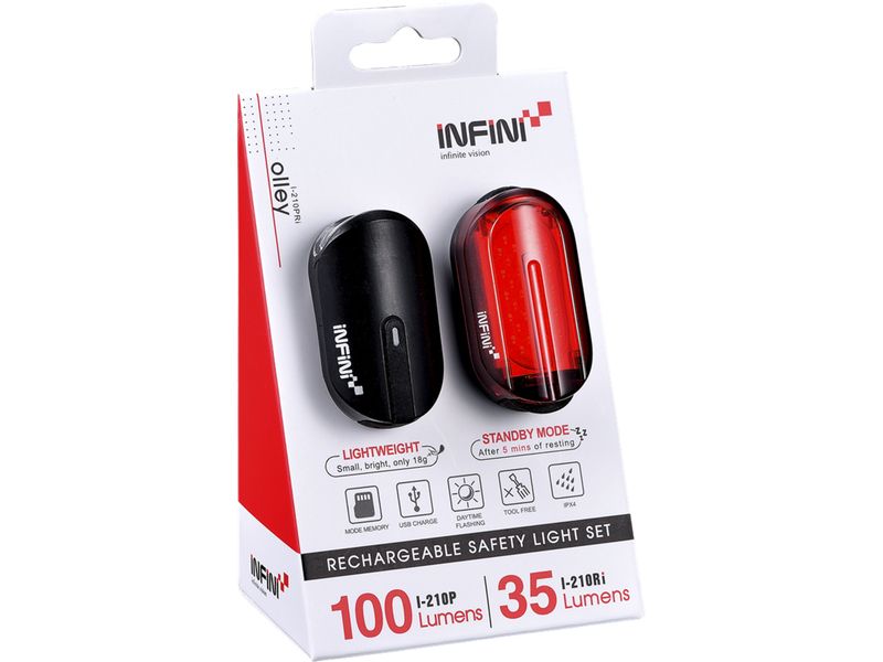 Infini Beleuchtungsset Olley V2, Schwarz Wiederaufladbares Fahrradlicht-Set mit 100 / 30 Lumen Leuchtstaerke