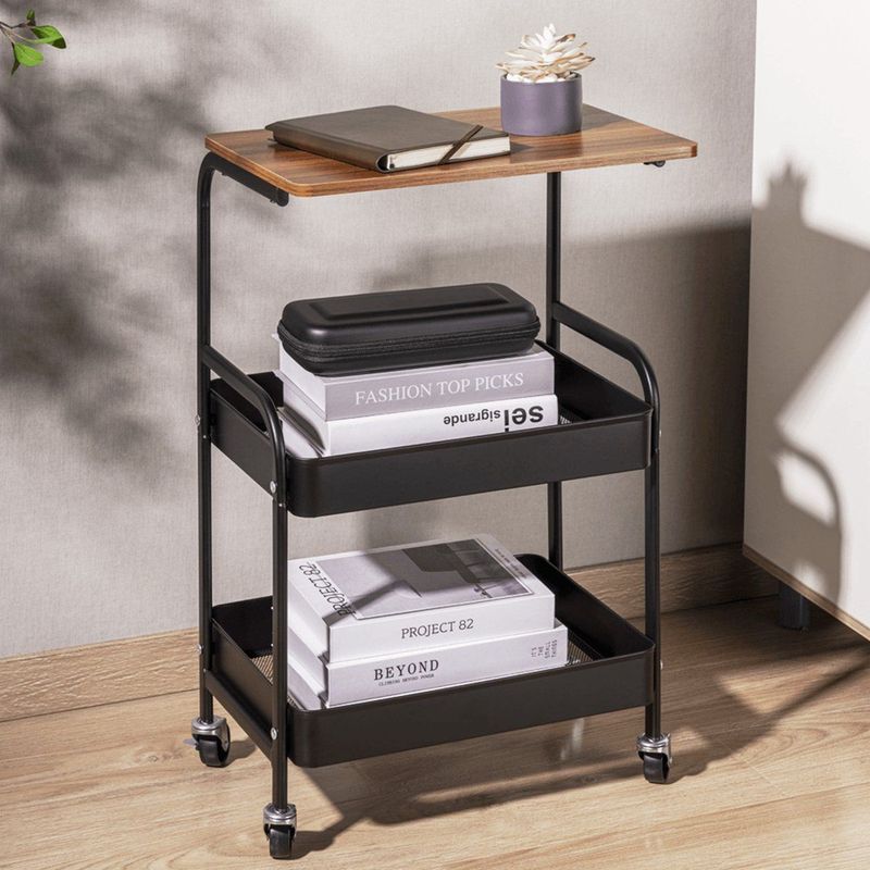 VDD - Bijzettafel - Zwart - Bijzettafel Woonkamer - Bijzettrolley - Bijzettafel op Wieltjes - Bijzettafel Industrieel