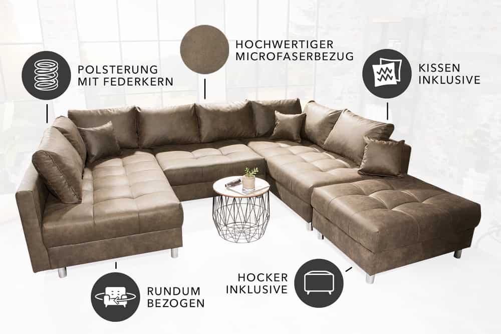 Moderne XXL Wohnlandschaft KENT 305cm taupe Federkern Bigsofa inkl. Hocker
