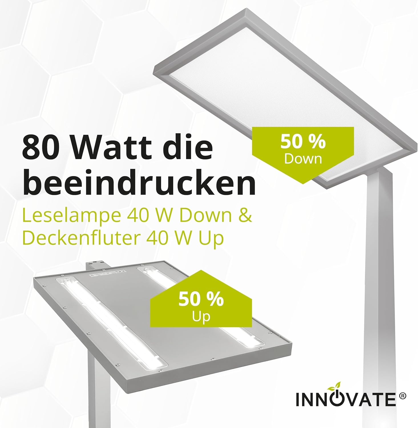 INNOVATE LED Stehlampe dimmbar Silber/Grau Deckenfluter & Leselampe [7500 Lm UGR < 19 80W] Stehlampe Wohnzimmer Lampe Büro I Wohnzimmerlampe Deckenfluter LED Dimmbar Bürolampe I Lampe Wohnzimmer
