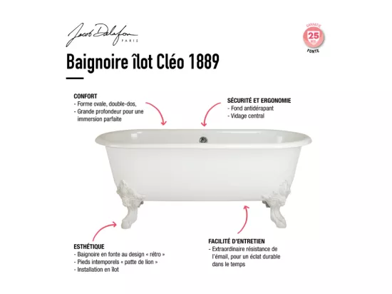 Baignoire Ilot 175 x 80 JACOB DELAFON Cléo 1889 ovale & fonte + pieds