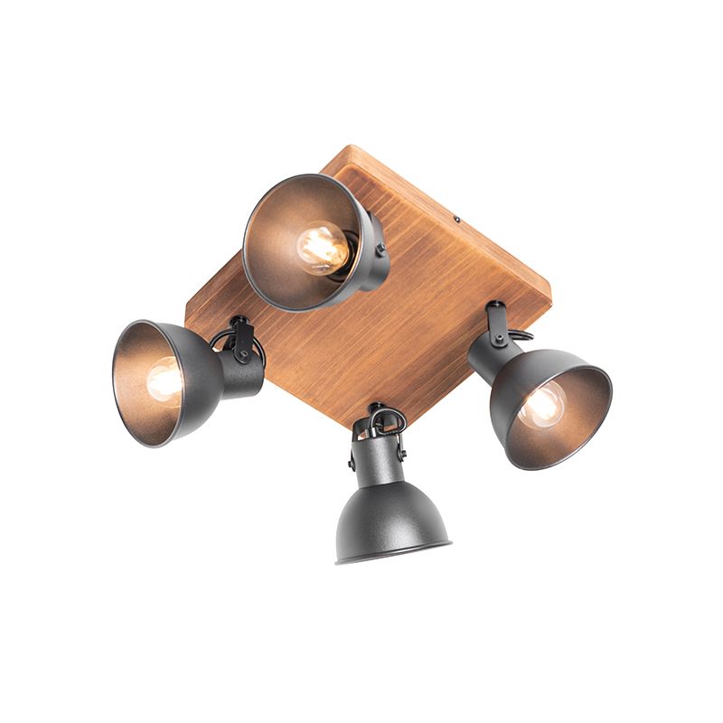 Industriële spot zwart met hout kantelbaar 4-lichts - Tommy