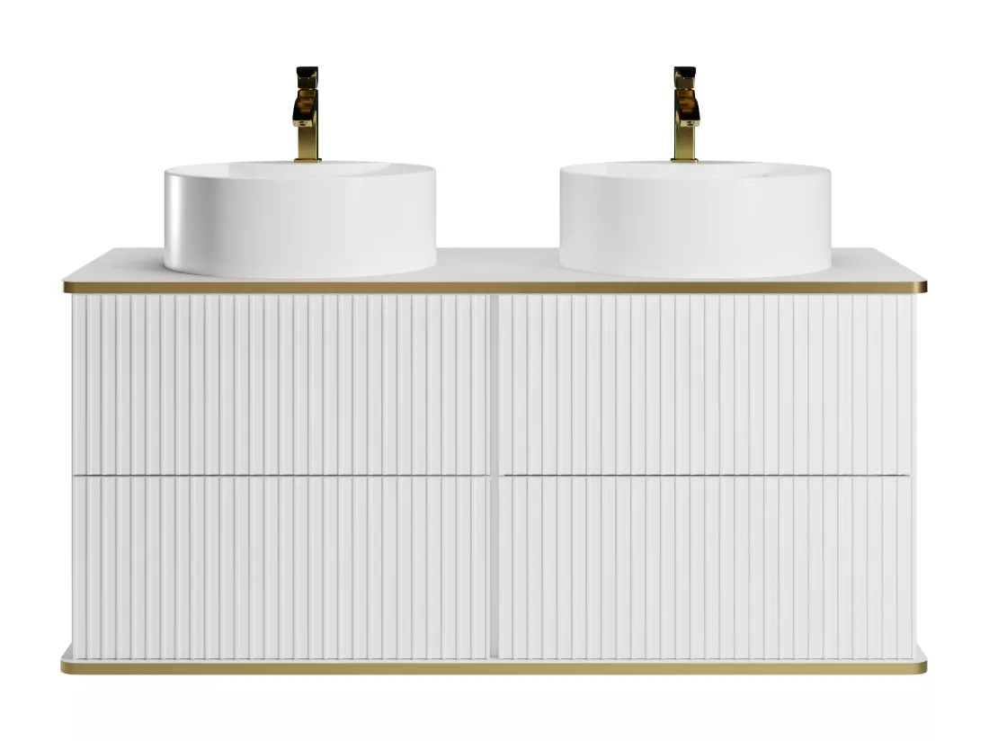 Meuble de salle de bain suspendu strié liseré doré avec double vasque à poser ronde - Blanc - 120 cm - KELIZA