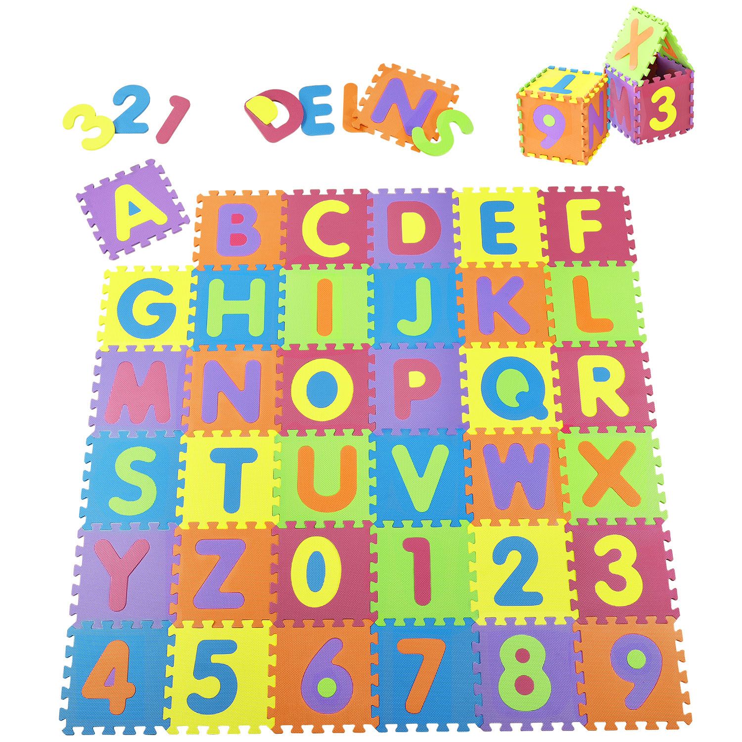 Juskys Kinder Puzzlematte Kim 36 Teile mit Buchstaben & Zahlen - rutschfest – Spielmatte bunt