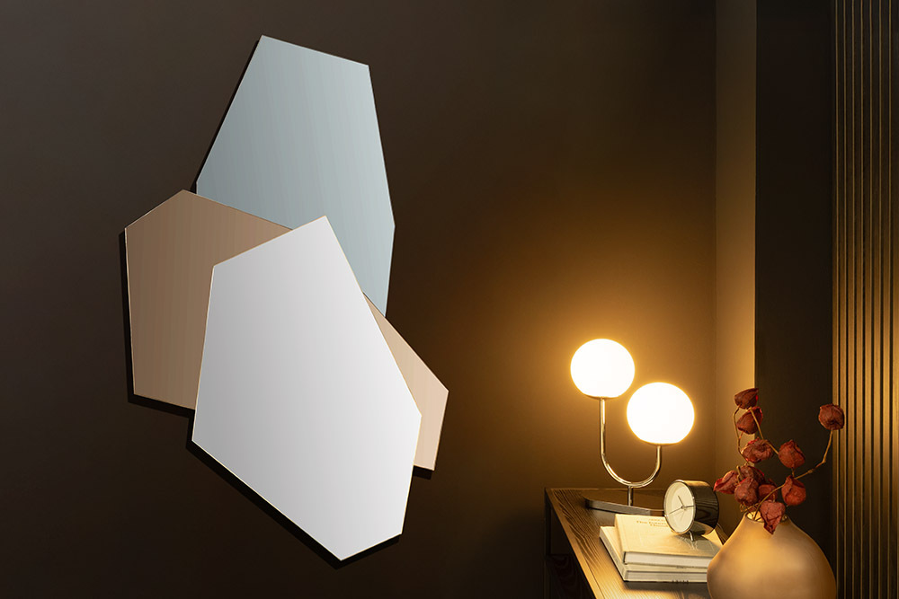 Design Wandspiegel GEOMETRIC 125cm blau braun klar drei Spiegelflächen