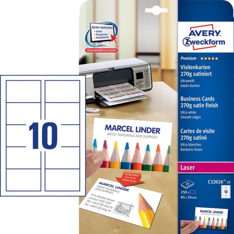 Cartes de visite Quick&Clean, 270 g/m2, satin blanc