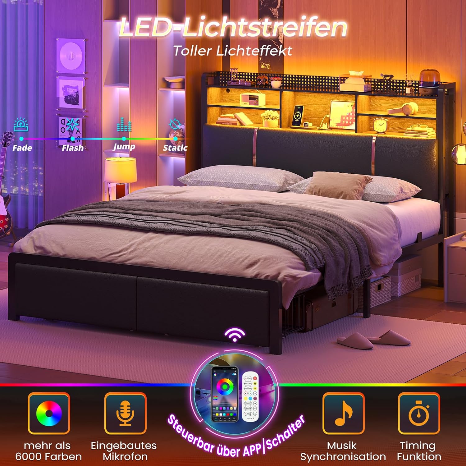 Bett 160x200 cm, Polsterbett mit LED-Beleuchtung, Metallbett Bettgestell, Bettrahmen mit 2 Schubladen, Regalkopfteil mit Stauraum, Steckdose, Doppelbett mit Lattenrost, für Schlafzimmer, PU Schwarz
