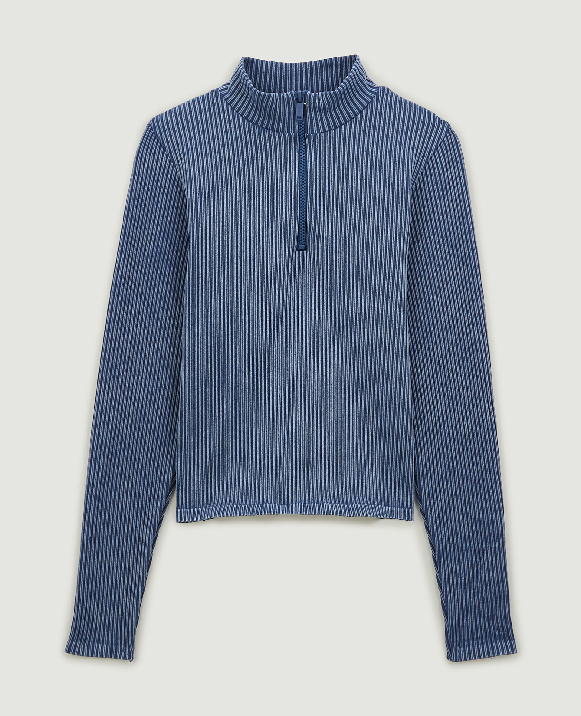 Top col zippé maille côtelée effet rayé - Bleu