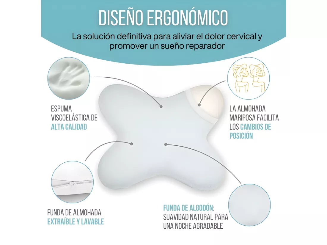 Oreiller Papillon Plat 56x46 Mémoire de Forme, Profil Bas 10 cm, Multiposition, Taie en Coton