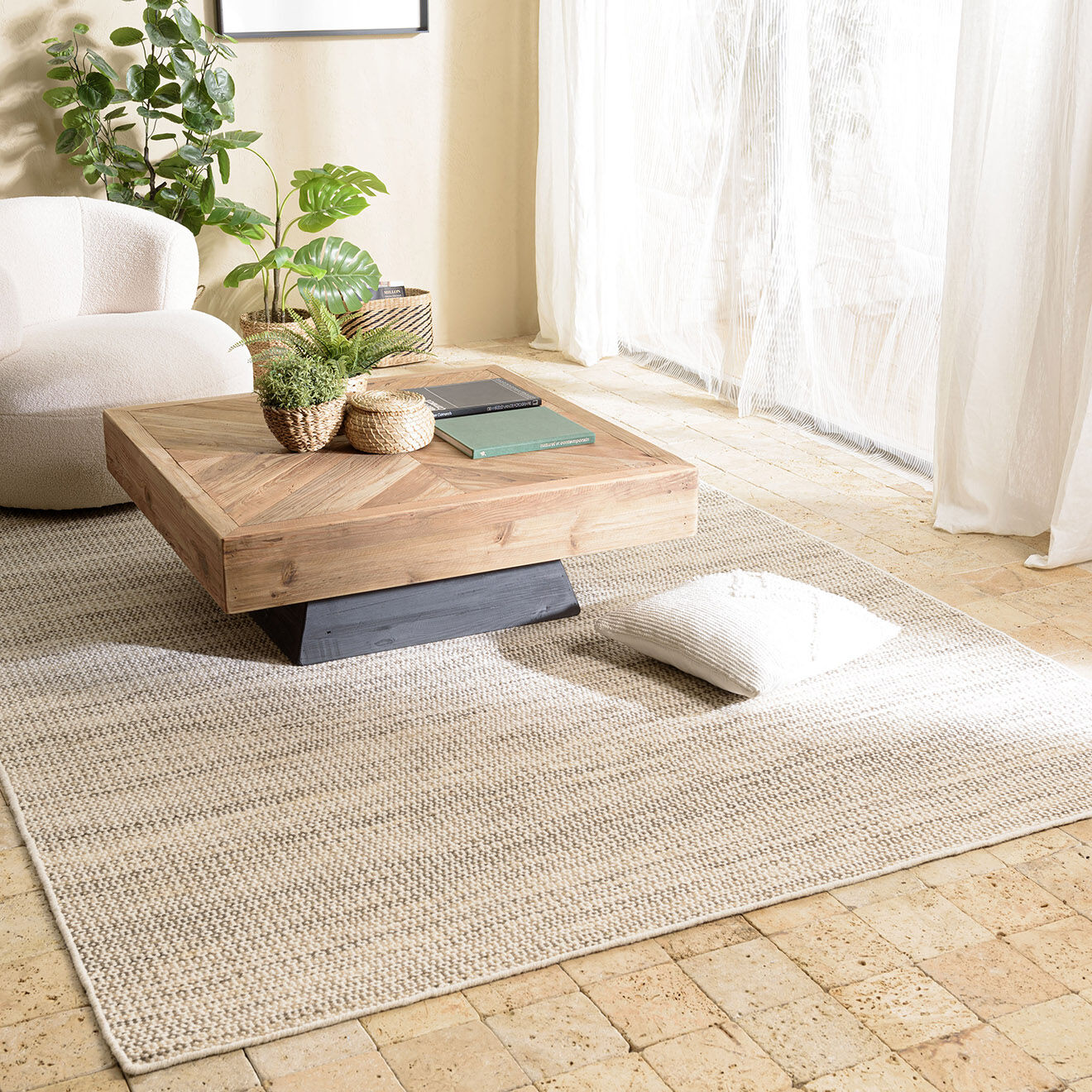 Macabane Tapis en Laine tissée Quentin blanc/kaki - 230x160 cm