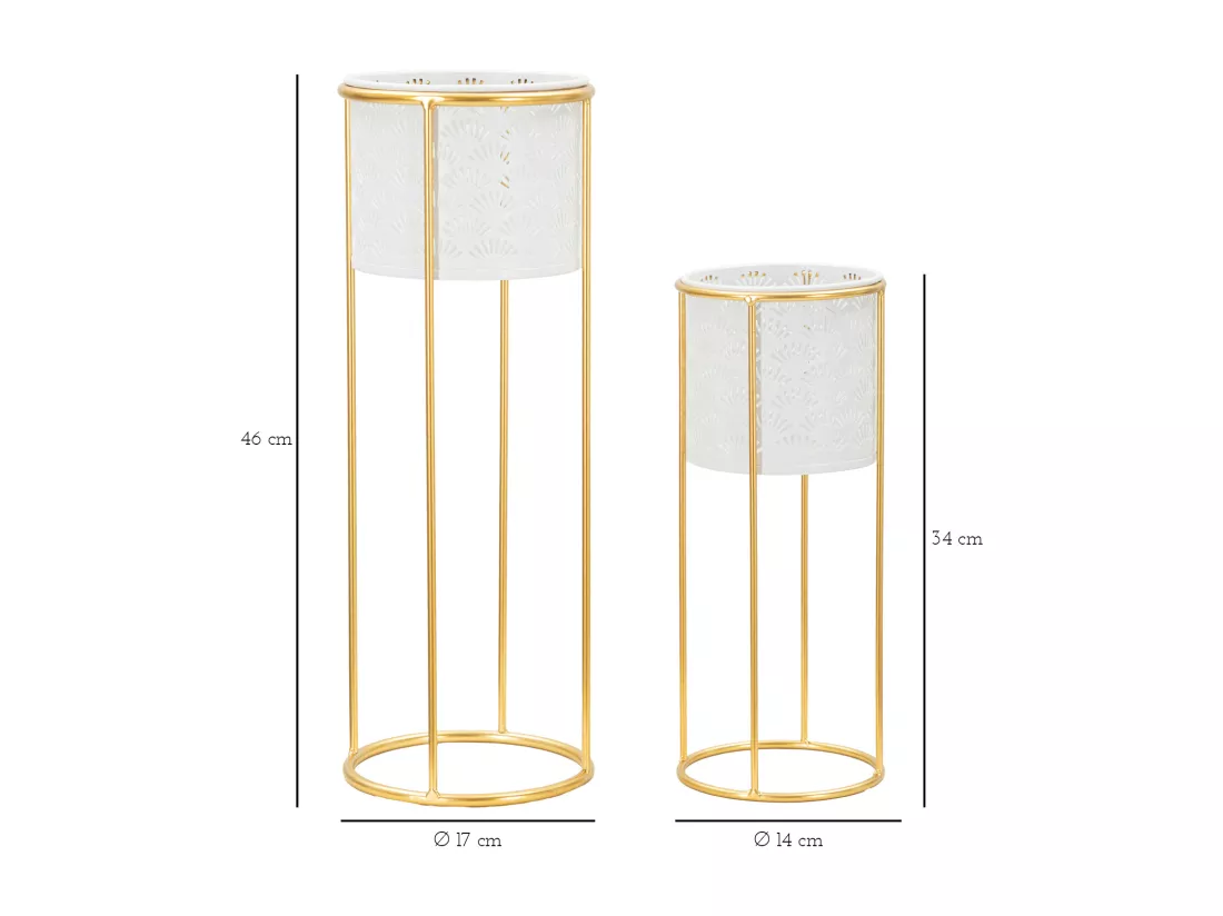 Porte-vases Whity - Lot de 2 pièces en métal blanc et doré - Ø 17x46 cm et 14x34 cm - Décoration géométrique régulière - Supports amovibles
