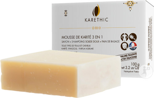 Karethic Mousse De Karité 3en1 Savon-Shampoing Solide Toutes Peaux Et Cheveux 100g
