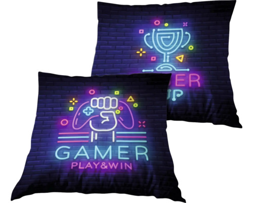 Kussen Gamer Play & Win blauw roze 45x45 cm