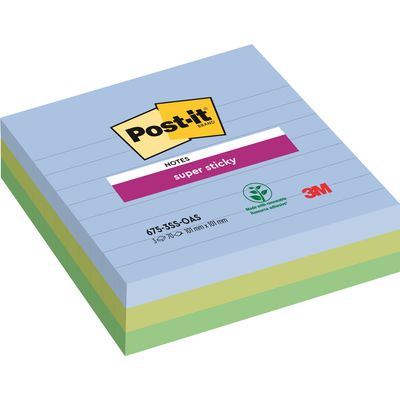 Post-it - 3 Blocs notes Super Sticky Oasis - ligné - 101 x 101 mm - couleurs assorties