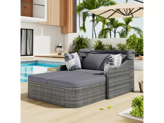 Salon de jardin pour 2 personnes - Canapé lounge en rotin PE avec 4 oreillers et auvent réglable - Gris