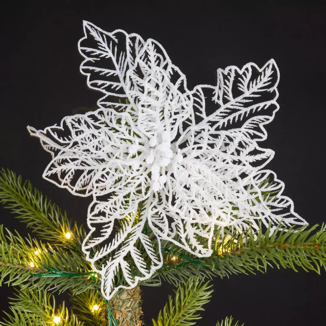 Poinsettia de Noël paillettes sur clip (D23 cm) Blanc