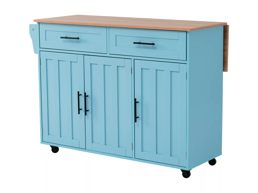 Ilot central de cuisine mobile - Plateau extensible - 2 tiroirs + portes d'armoire de rangement - Bleu Ciel
