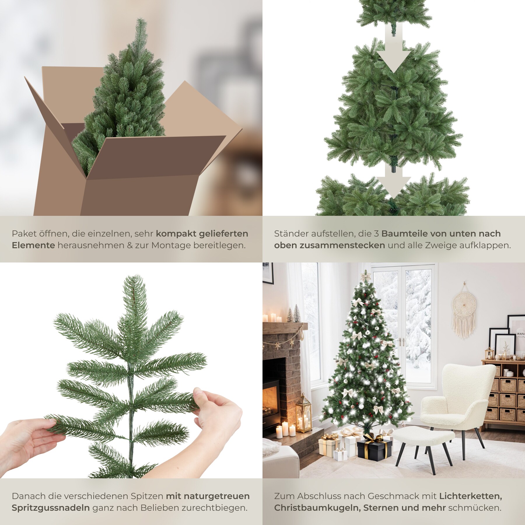 tectake® Weihnachtsbaum , künstlich in Grün, mit Spritzgussnadeln, formbar mit viel Volumen, pulverbeschichteter Metallständer mit Kunststoffkappen