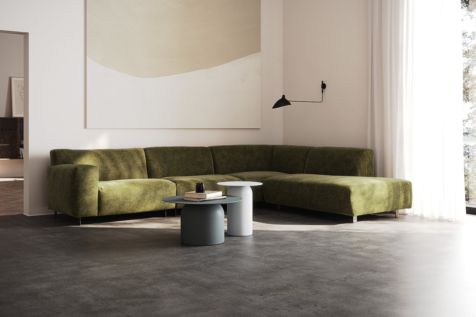 Vesta hjørnesofa 3-seter med åpen ende høyre, Big hjørnemodul, Tekstil Eros Forest, standardsøm, sort metallben 10 cm, Comfort CM