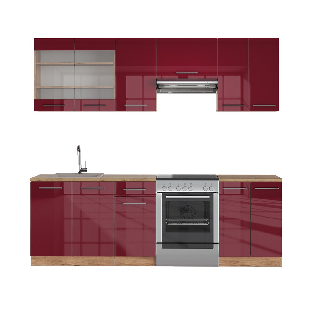 Vicco Küchenzeile Küchenblock Einbauküche Fame-Line Eiche Rot Bordeaux 240 cm modern Küchen Schränke Spülenunterschrank Schubunterschrank Hängeschrank Hängeglasschrank Hochglanz