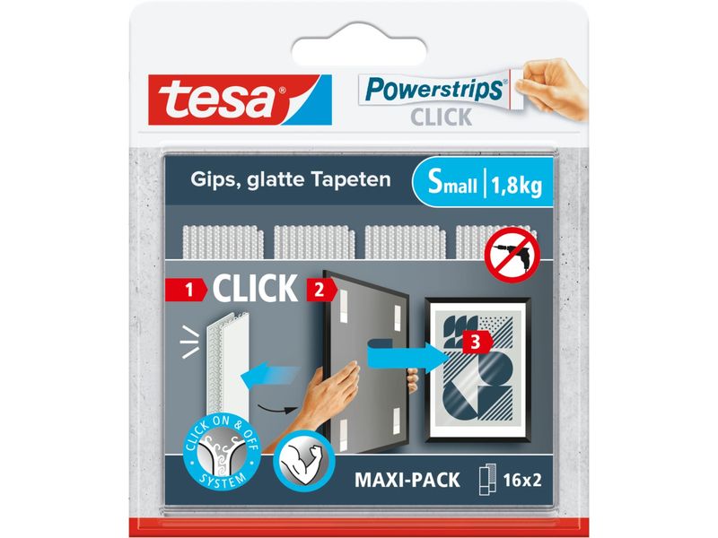 tesa Montagestreifen Powerstrips CLICK Small 16 Paar, 1.8 k Klett-Klebepads zum An- und Abklicken von Bilderrahmen und Wanddekorationen ohne Bohren
