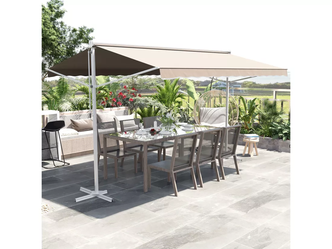 Store double pente manuel rétractable inclinaison réglable métal époxy blanc polyester imperméabilisé anti-UV beige dim. 3,95L x 2,98l x 2,55H m