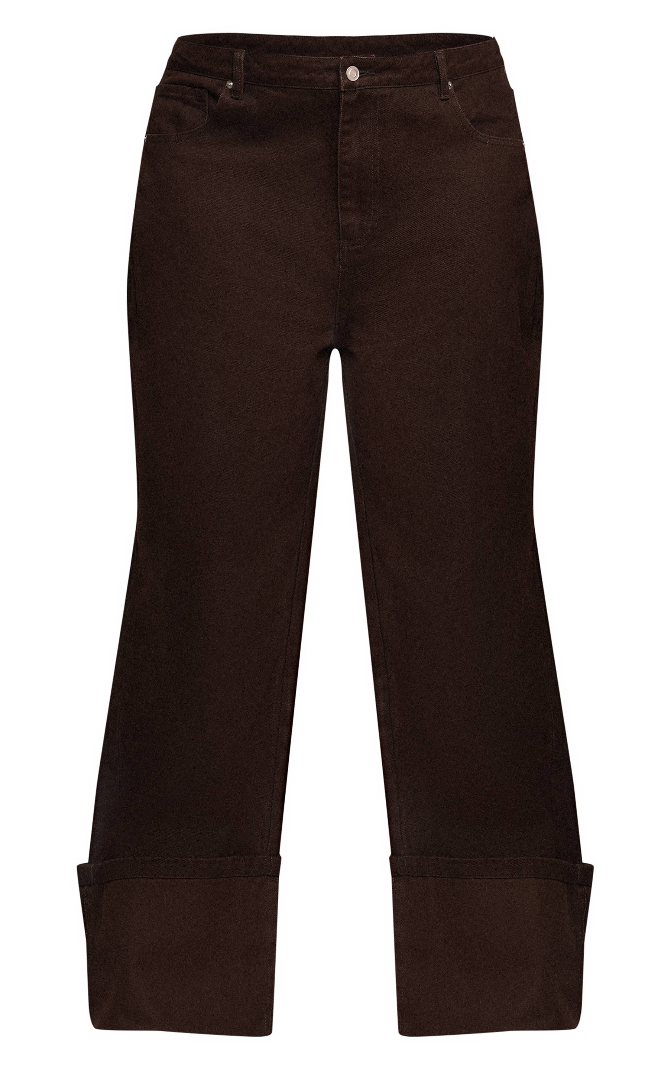 Chocolat Jean Grande Taille Jambe Large Brut Ourlet Retroussé Surpiqûres Contrastées