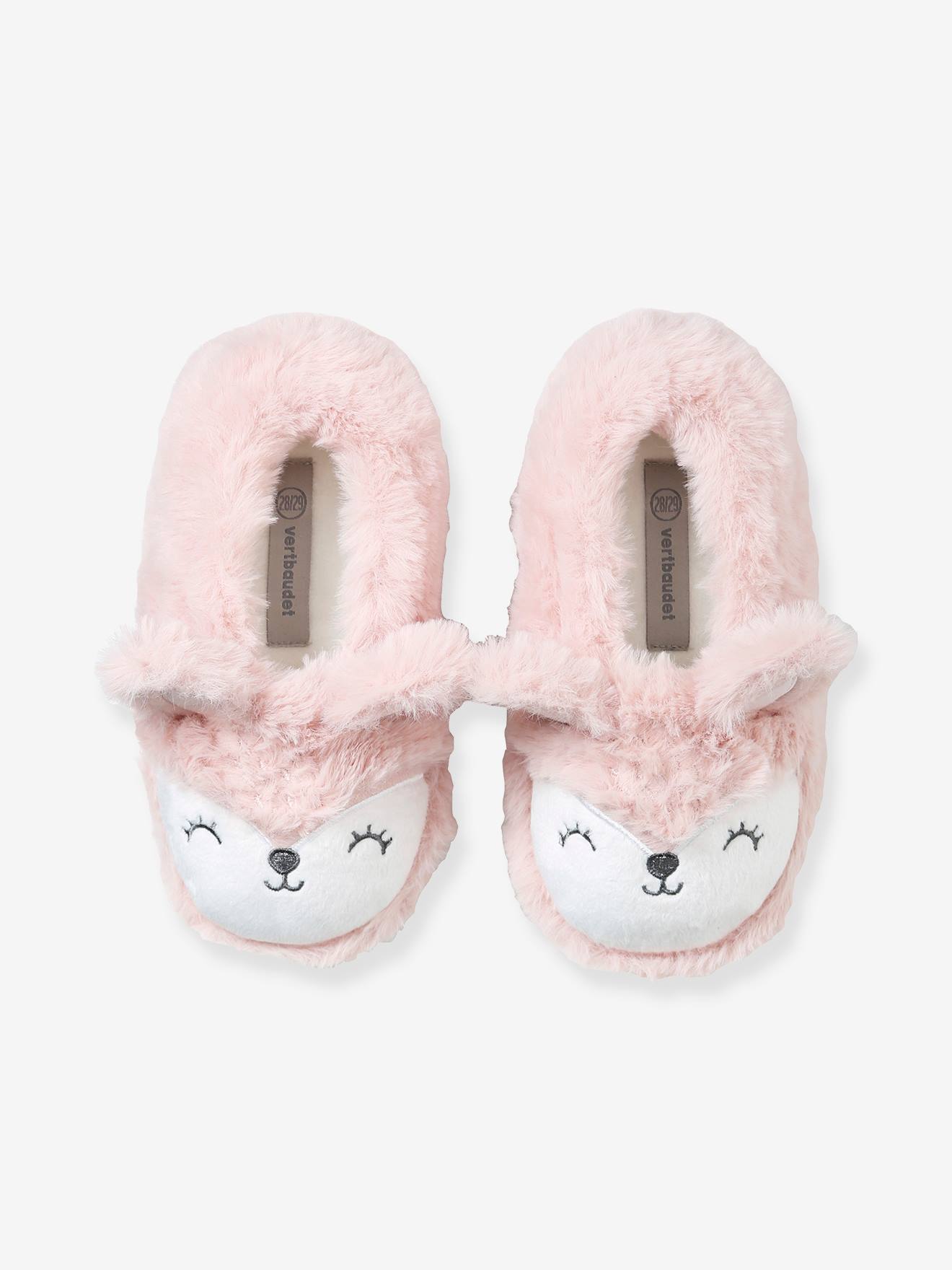 Pantufas de pelúcia para meninas, lisas, rosa claro com estampas.