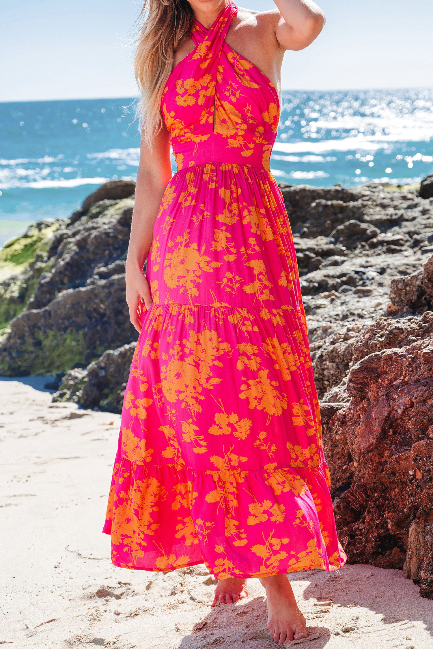 Robe maxi avec col licou croisée à fleurs roses et orange