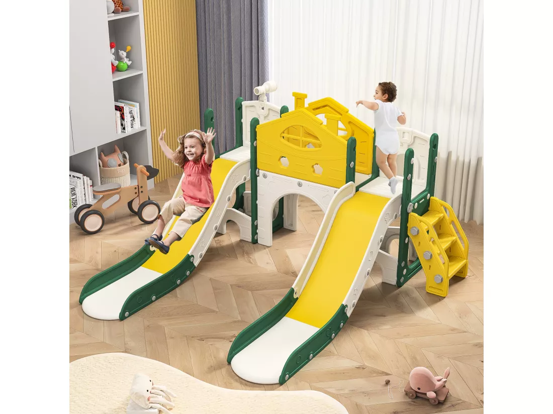 Toboggan pour enfants, aire de jeux pour enfants 7 en 1, tour de jeu amusante avec échelle d'escalade, deux toboggans, télescope et plus encore