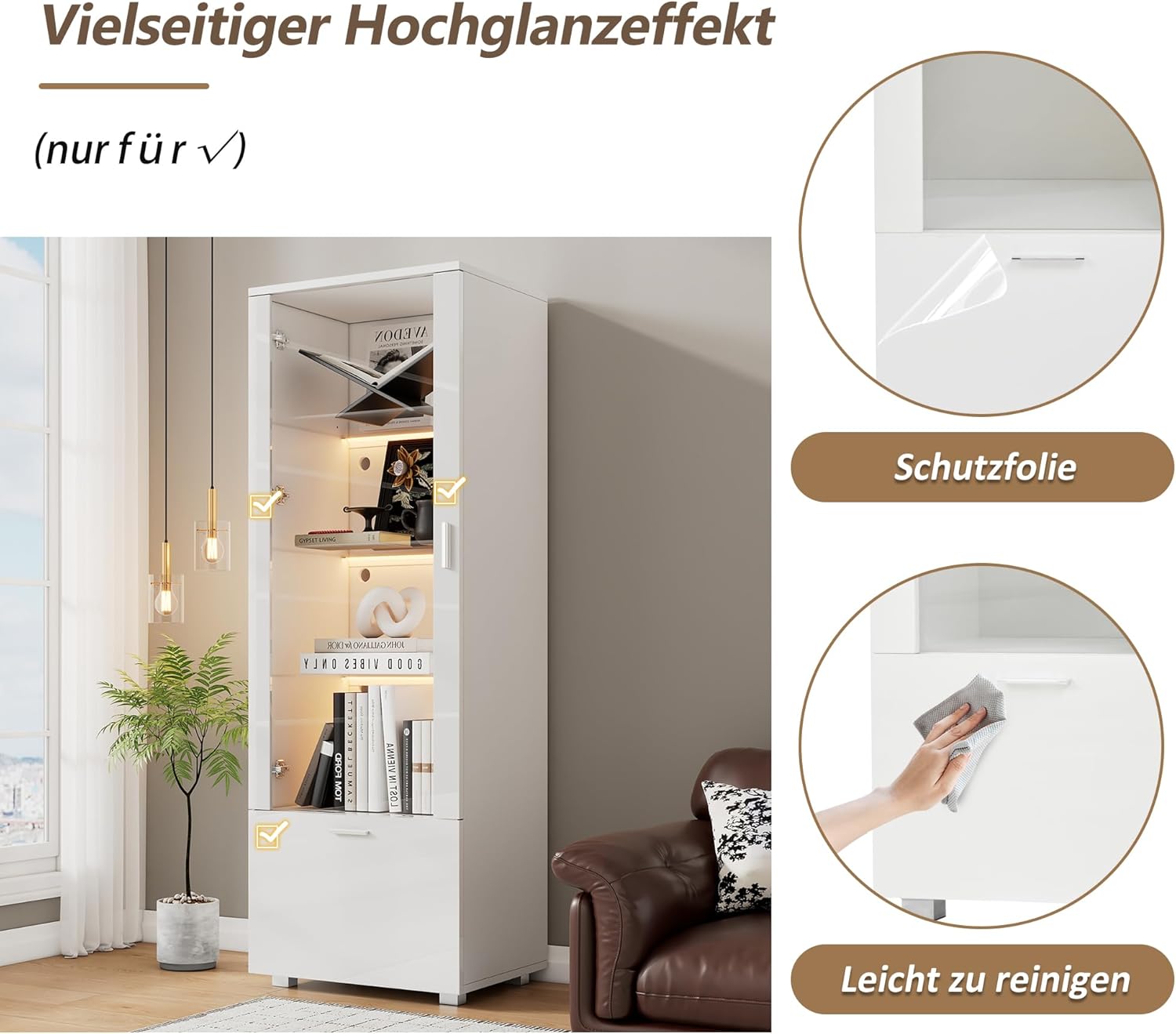 Merax Vitrinenschrank mit LED Beleuchtung, Glasvitrine mit 3 Fachböden, Schublade, Hochglanzvitrinen für Sammlerstücke, Bücherschrank mit Glastüren, für Wohnzimmer, Schlafzimmer, 50x40x160cm, Weiß