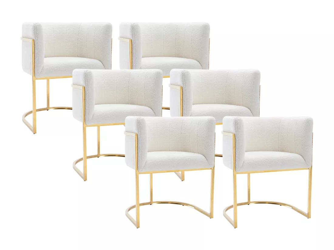 Lot de 6 chaises avec accoudoirs - Tissu bouclette et acier inoxydable - Blanc et doré - PERIA de Pascal MORABITO