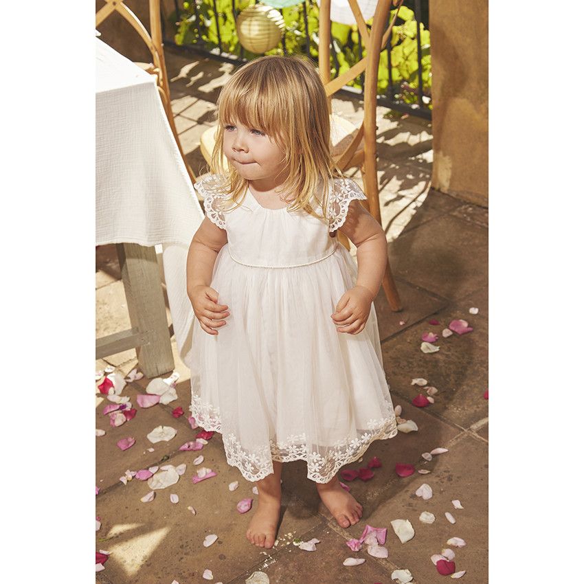 Ensemble robe de cérémonie en tulle brodé + bloomer pour bébé fille - Ecru