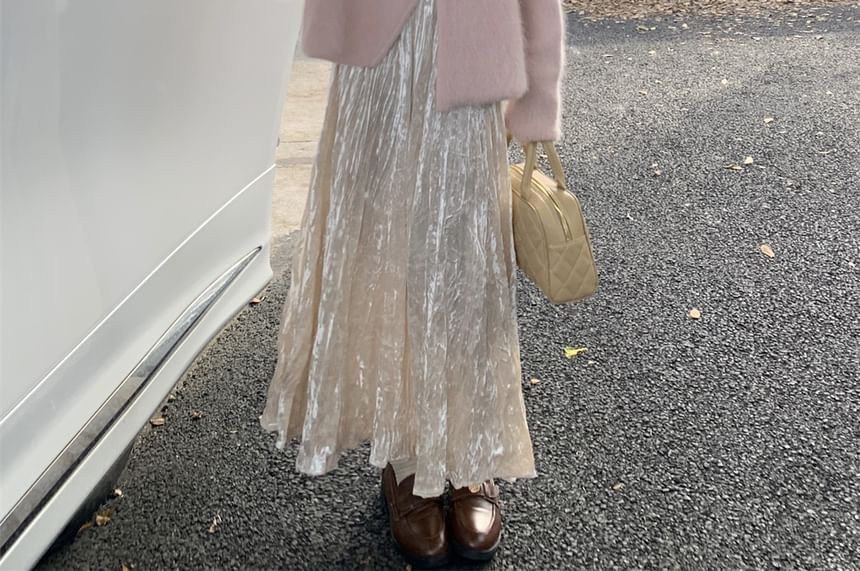 Duwnie - V-hals effen trui met strik en split / Hoge taille effen fluwelen maxi-A-lijn rok