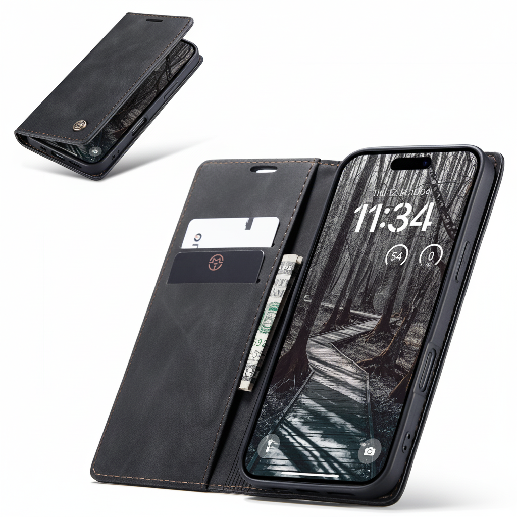 iPhone Air Leder Tasche Flip Wallet Etui mit Kartenfächern - Schwarz