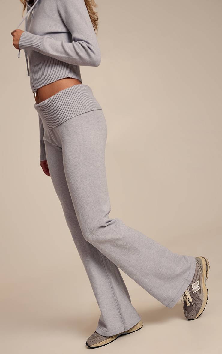 Gris Clair Pantalon Évasé En Maille Avec Taille Repliable Douce