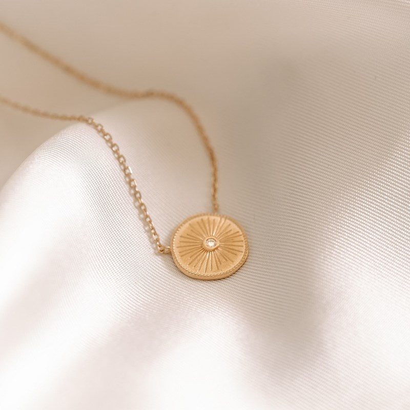Collier Fin Plaqué Or Tendance Medaillon Piece Pierre Precieuse Strass
