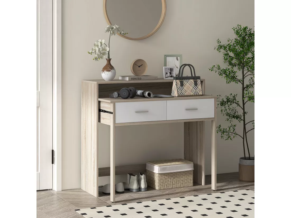 Console secrétaire 2 en 1 - plateau coulissant, 2 tiroirs - dim. 95L x 35P x 87H cm - blanc naturel