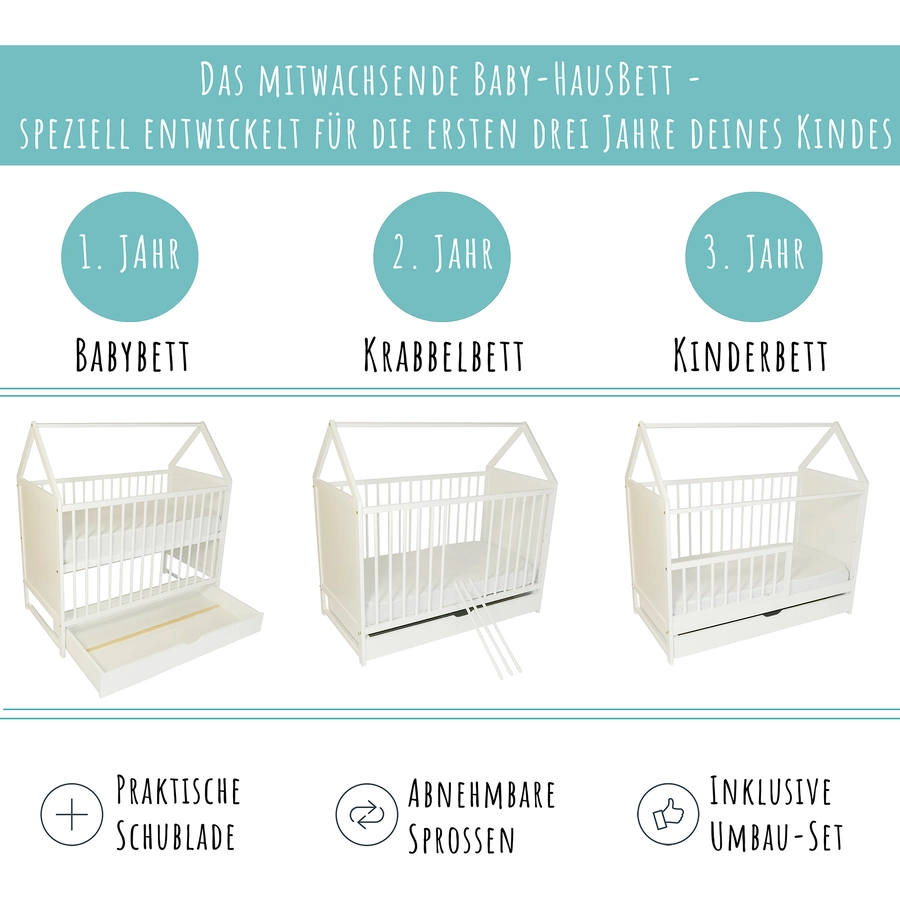 Kids Collective Beistellbett und Hausbett 60x120 cm mit Schublade, umbaubar weiß