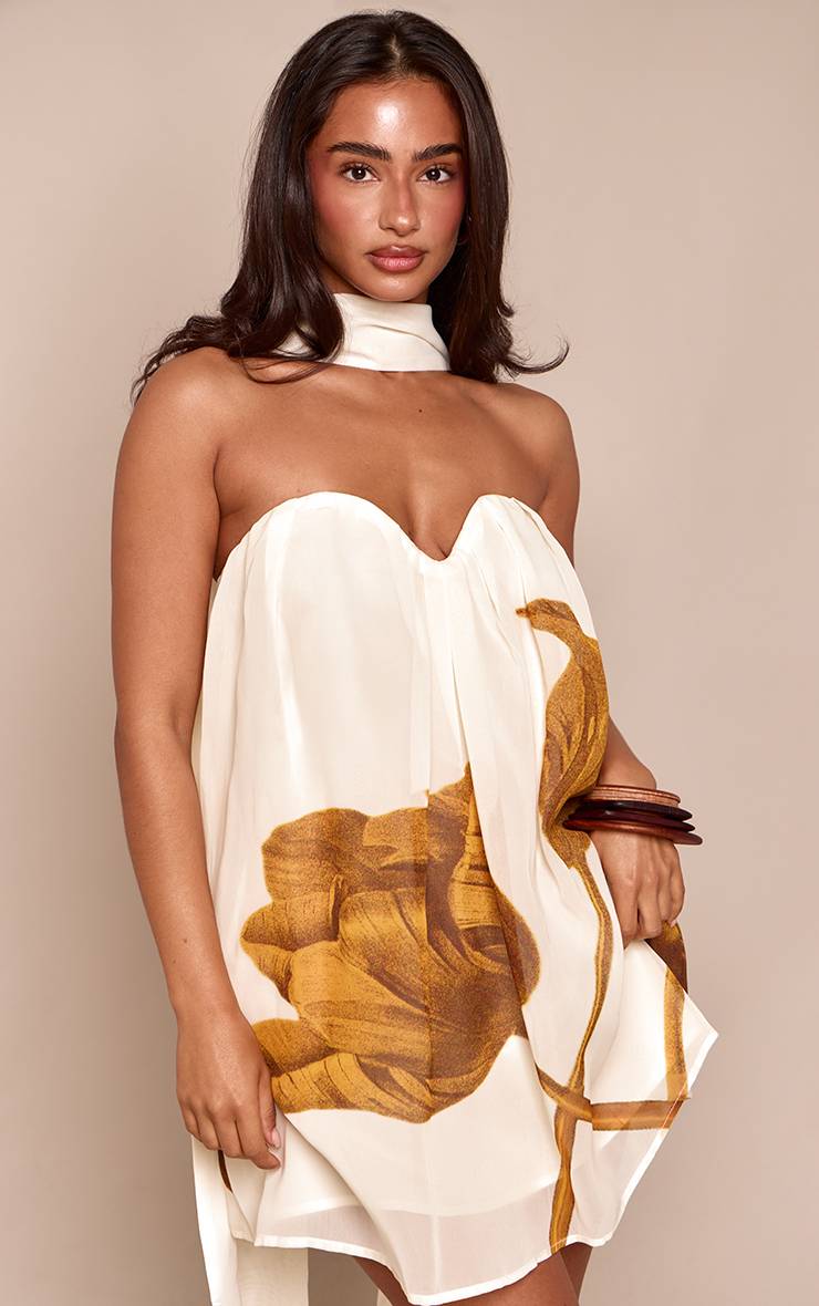 Crème Robe Mini Bandeau Fluide En Mousseline À Imprimé Fleuri Petite