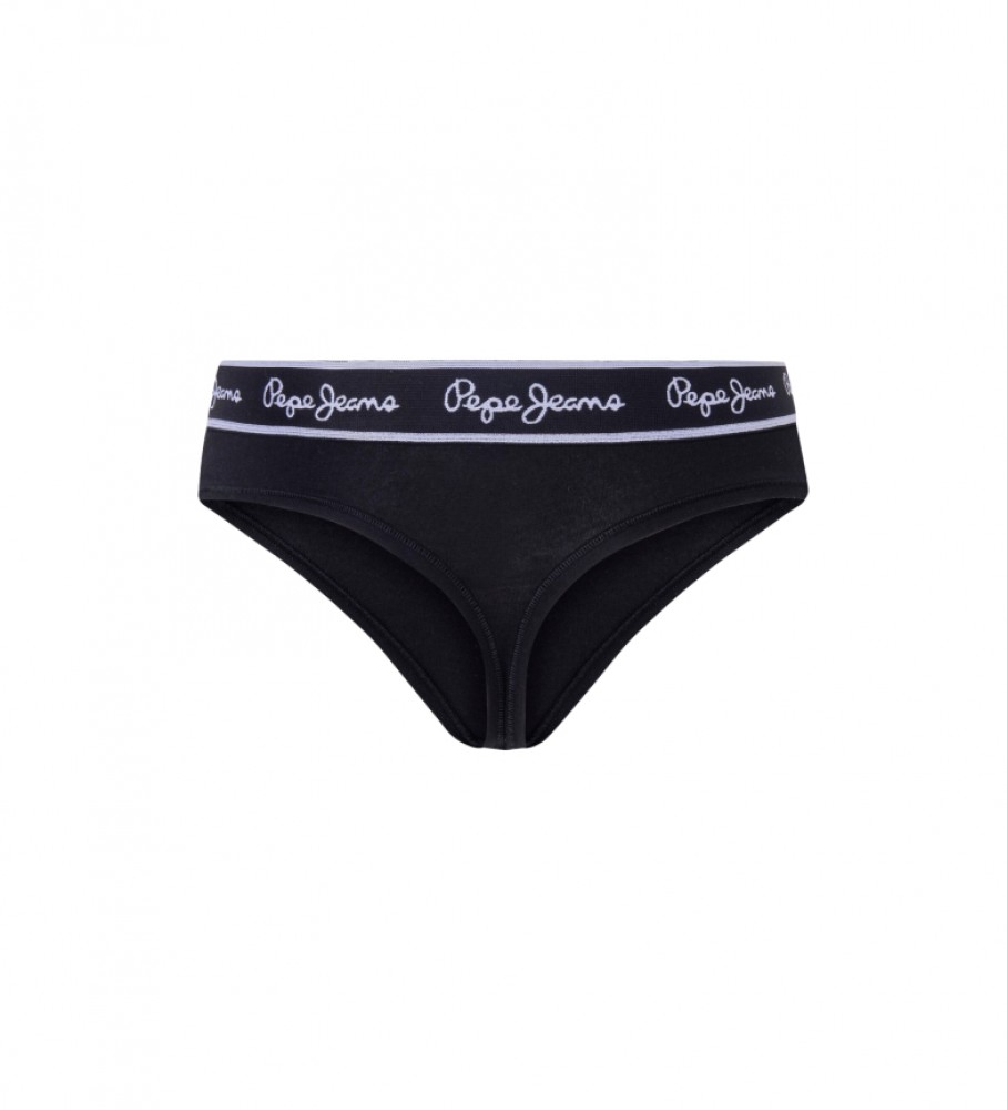 Calcinha fio dental clássica Pepe Jeans preta com logo estampado
