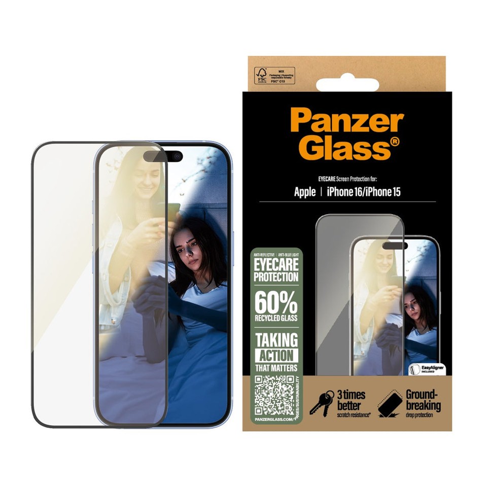 PanzerGlass - EyeCare Skærmbeskyttelse - iPhone 16 - Ultra Wide Fit