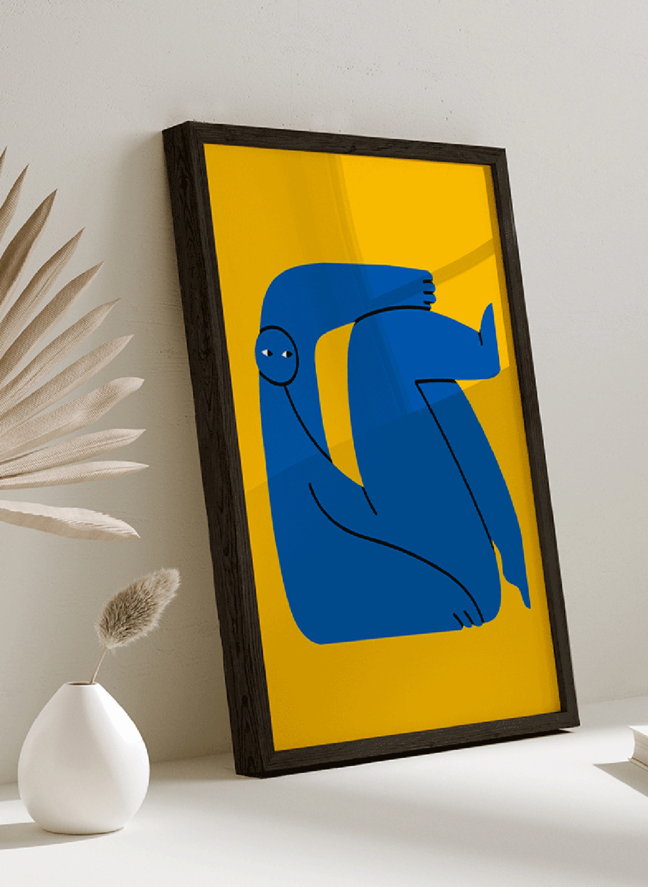 ANY IMAGE Wandbild BLAUGELBE ABSTRAKTE FIGUR mit Rahmen