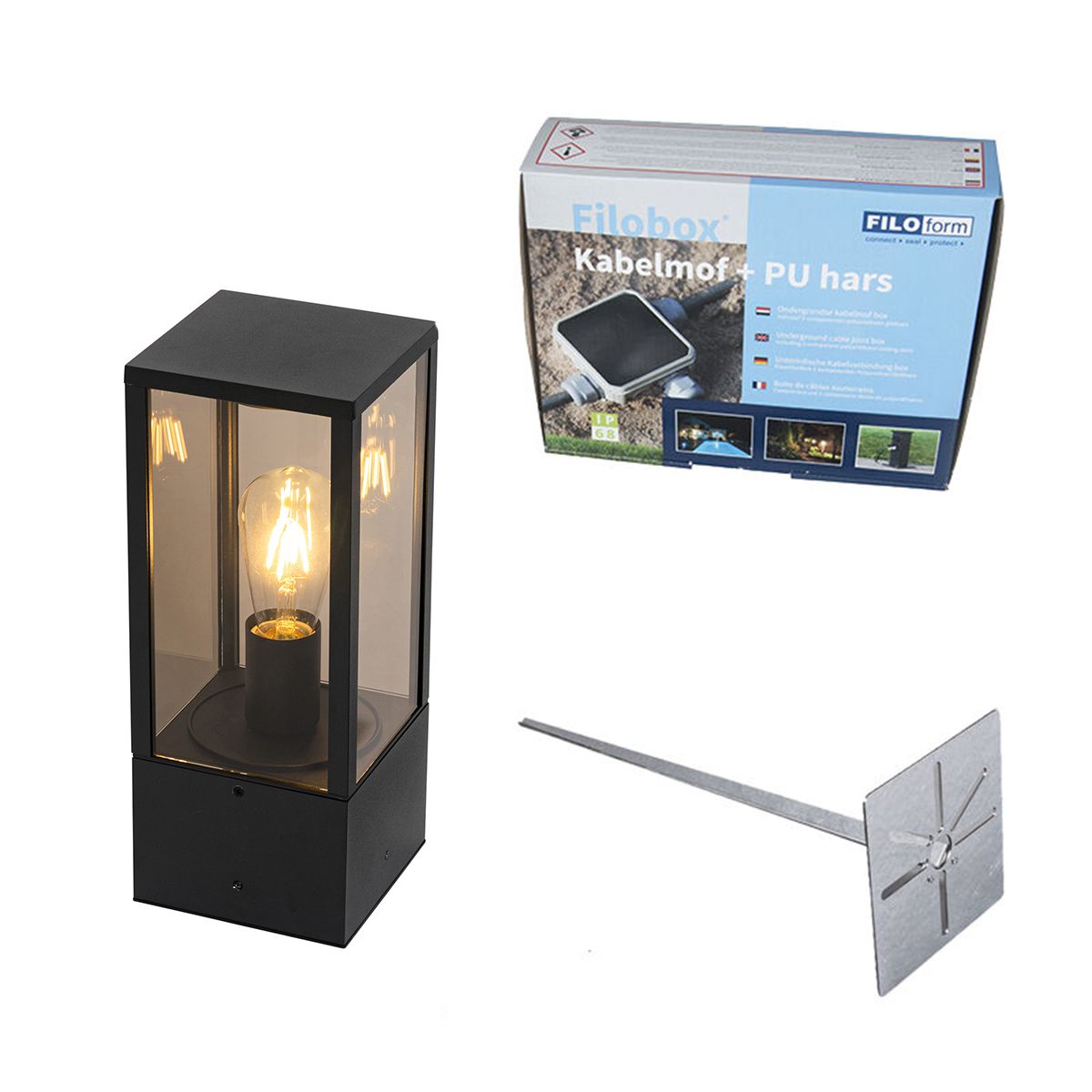 Buitenlamp zwart met smoke glas met grondpin en kabelmof 40cm IP44 - Charlois