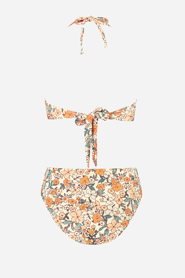 Bikini bandeau taille moyenne smocké à nouer fleuri