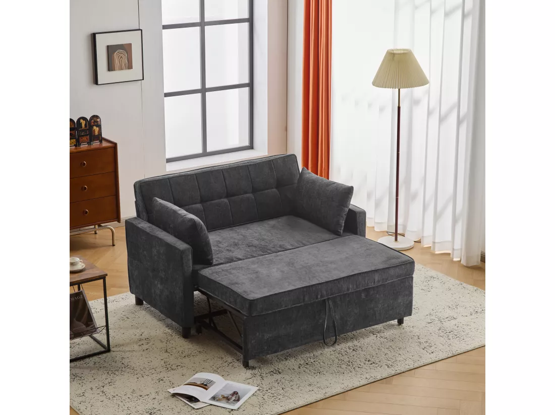 Canapé convertible 2 places, Canapé-lit pliant en tissu chenille - 142 x 79/174 x 85 cm - avec fonction sommeil et dossier réglable - Noir