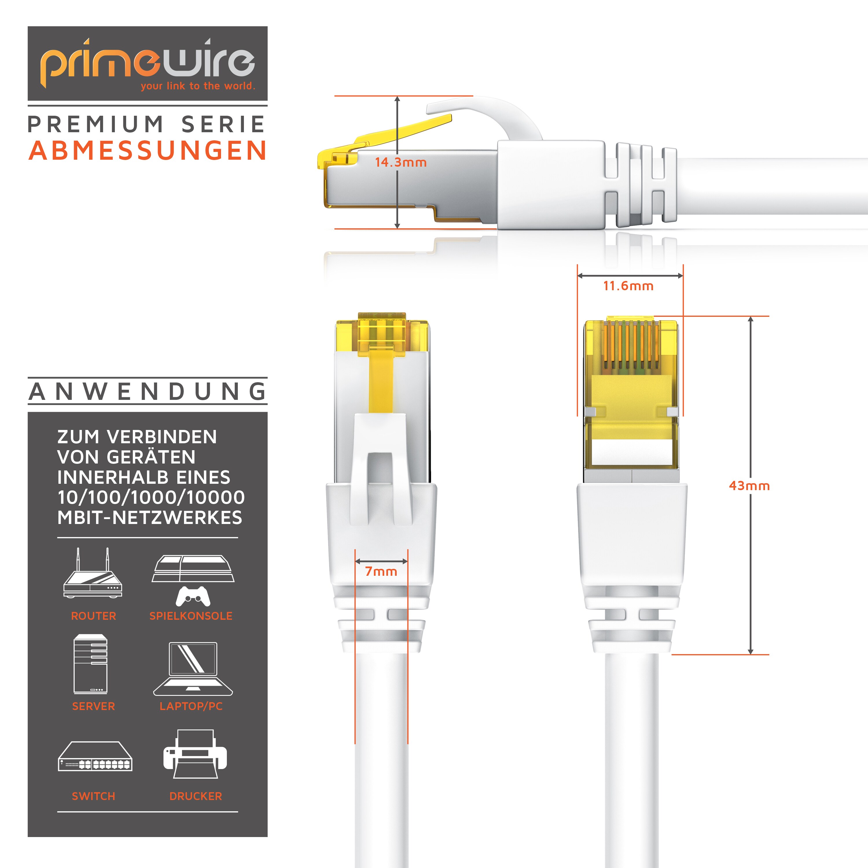 Primewire LAN-Kabel CAT.7, RJ-45 (Ethernet), Gigabit Ethernet S/FTP Netzwerkkabel, 10000 Mbit/s, Patchkabel - 15m